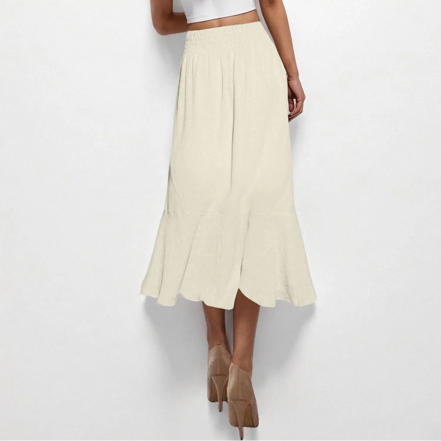 Summer Skirts for Women Vacation Beach Boho Pleated Long Skirt Front Button Elastic Waisted Maxi Skirt with Slit