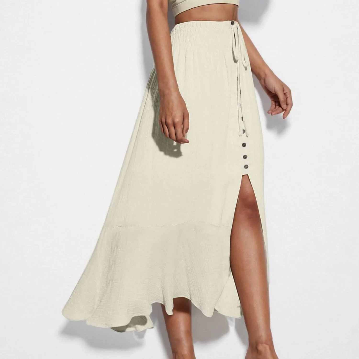 Summer Skirts for Women Vacation Beach Boho Pleated Long Skirt Front Button Elastic Waisted Maxi Skirt with Slit