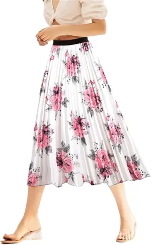 Summer Skirts Womens 2023 Vintage Floral Print Pleated Skirt Elastic High Waist Casual Midi Skirt Women Clothes