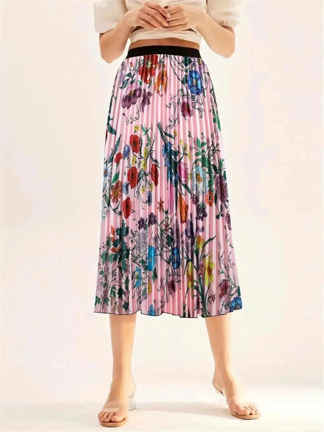 Summer Skirts Womens 2023 Vintage Floral Print Pleated Skirt Elastic High Waist Casual Midi Skirt Women Clothes