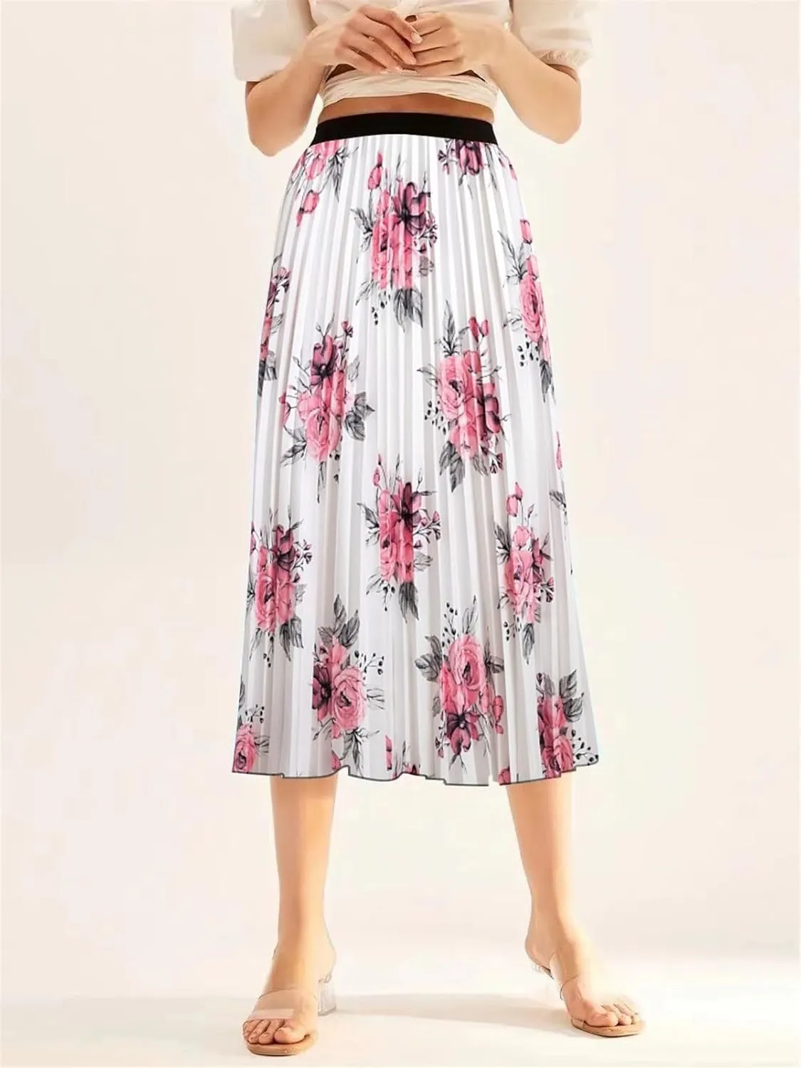 Summer Skirts Womens 2023 Vintage Floral Print Pleated Skirt Elastic High Waist Casual Midi Skirt Women Clothes