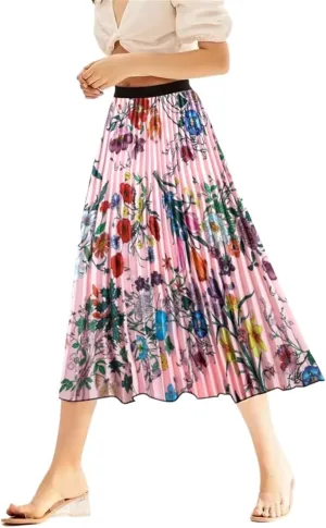 Summer Skirts Womens 2023 Vintage Floral Print Pleated Skirt Elastic High Waist Casual Midi Skirt Women Clothes