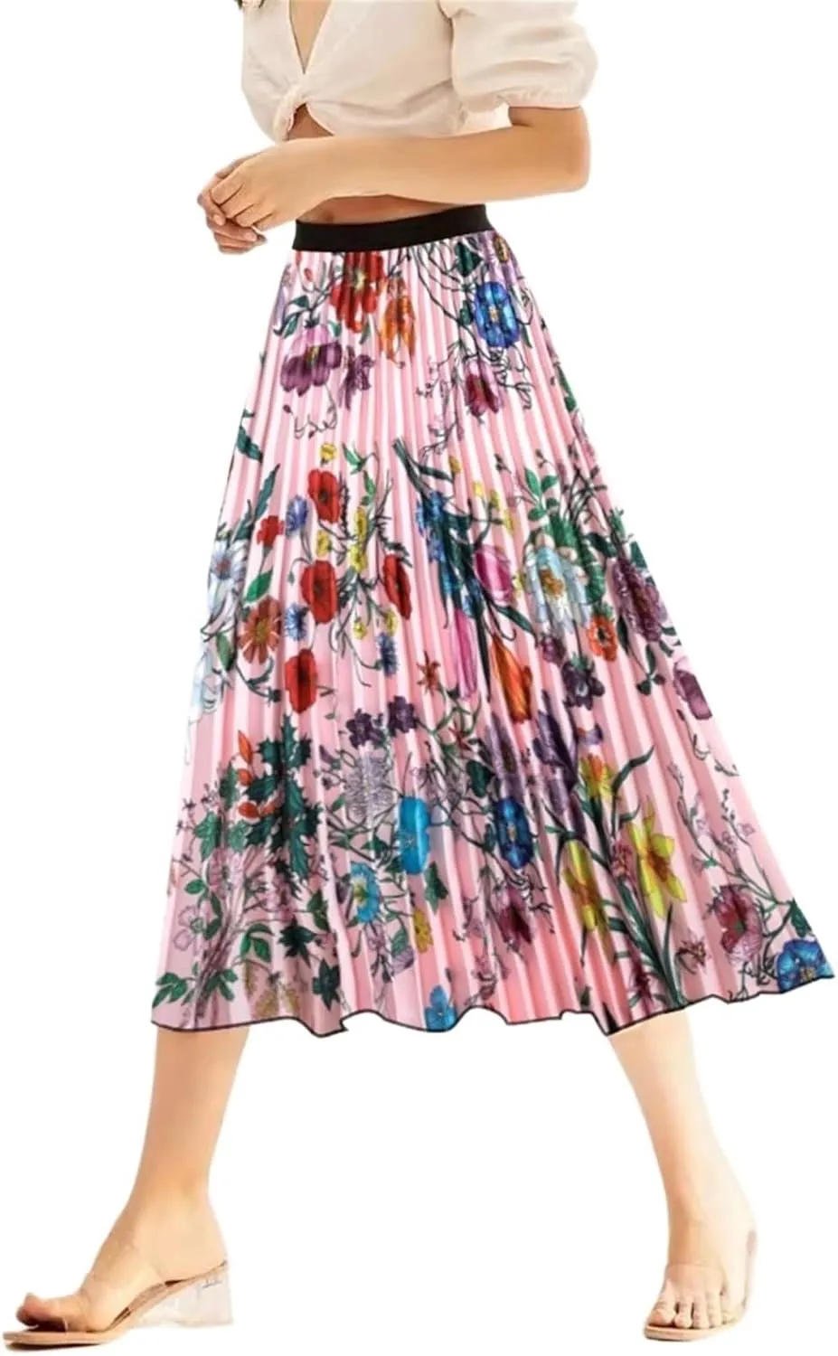 Summer Skirts Womens 2023 Vintage Floral Print Pleated Skirt Elastic High Waist Casual Midi Skirt Women Clothes