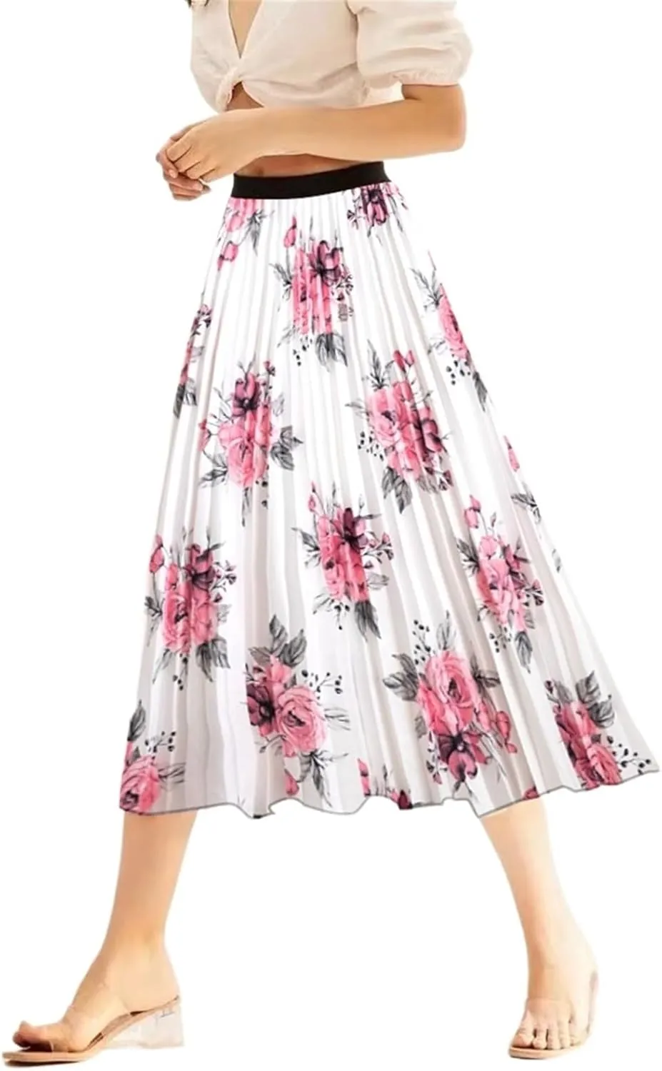 Summer Skirts Womens 2023 Vintage Floral Print Pleated Skirt Elastic High Waist Casual Midi Skirt Women Clothes
