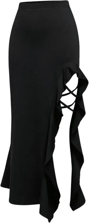SweatyRocks Women's High Waist Split Thigh Ruffle Trim Flowy Stretchy Pencil Skirts