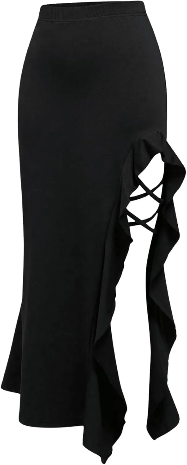 SweatyRocks Women's High Waist Split Thigh Ruffle Trim Flowy Stretchy Pencil Skirts