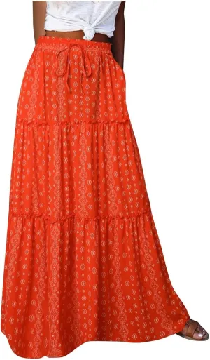 TANGNADE Long Flowy Beach Skirts for Women Summer High Waisted Casual Maxi Skirt Swing Floral Print Pleated Skirts