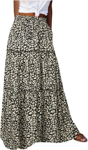 TANGNADE Long Flowy Beach Skirts for Women Summer High Waisted Casual Maxi Skirt Swing Floral Print Pleated Skirts