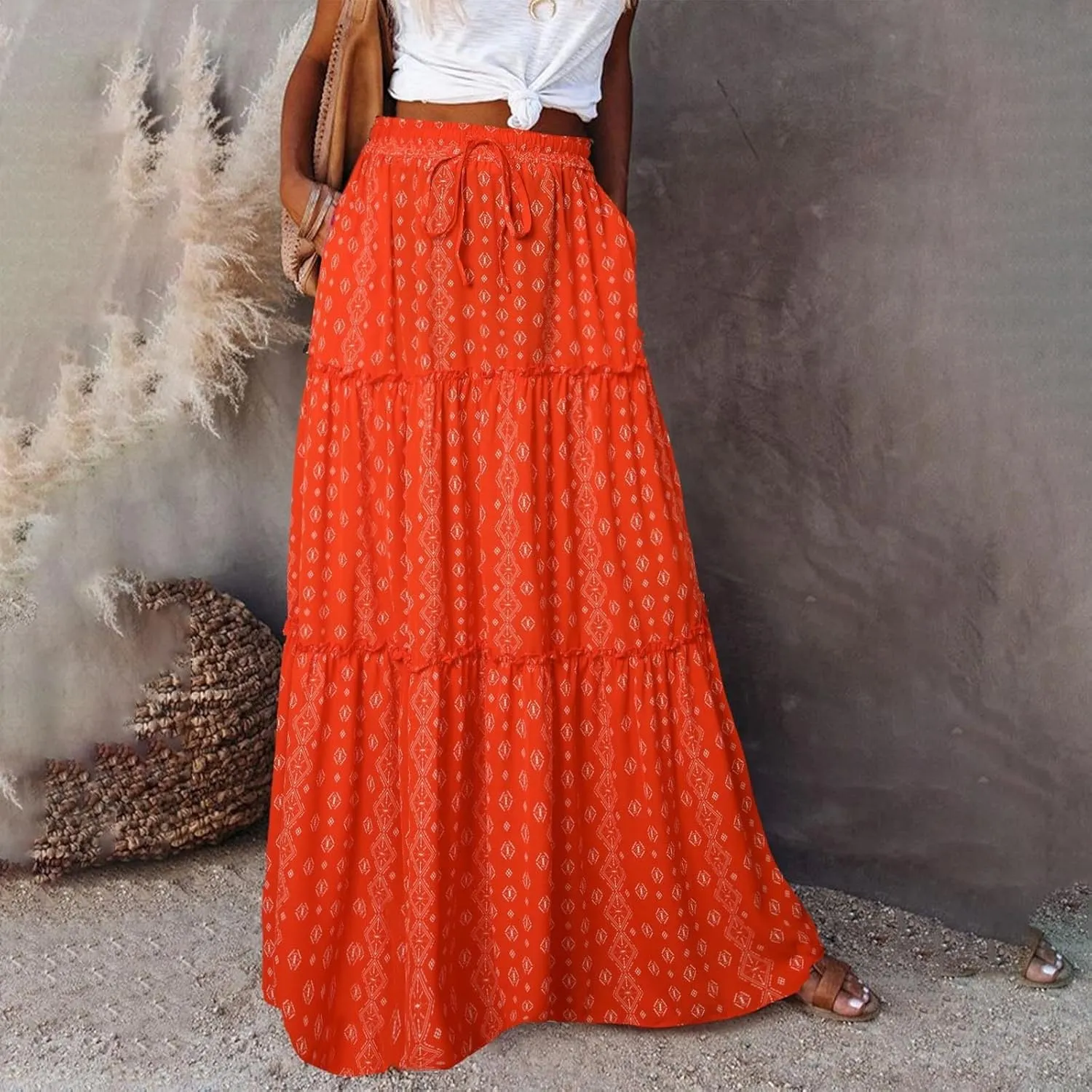 TANGNADE Long Flowy Beach Skirts for Women Summer High Waisted Casual Maxi Skirt Swing Floral Print Pleated Skirts