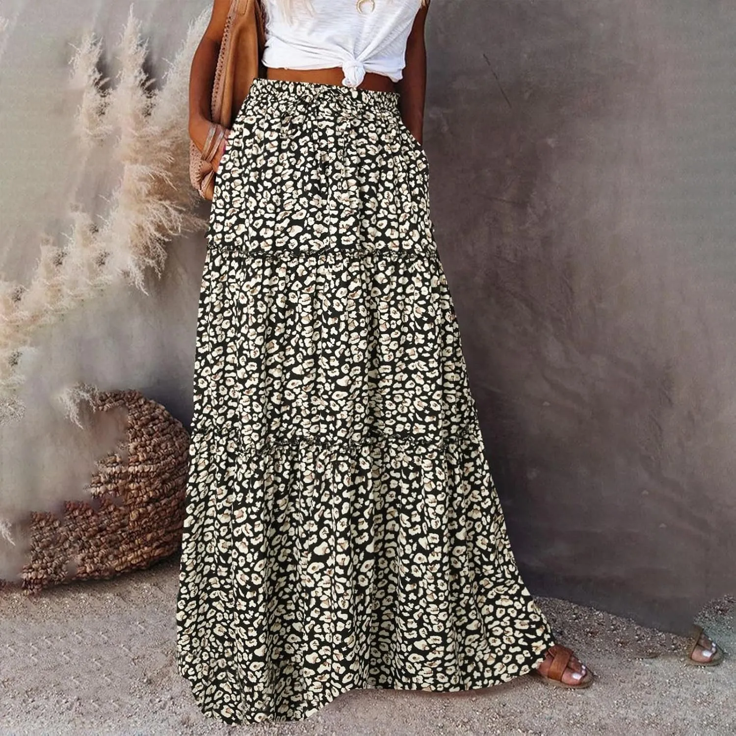TANGNADE Long Flowy Beach Skirts for Women Summer High Waisted Casual Maxi Skirt Swing Floral Print Pleated Skirts
