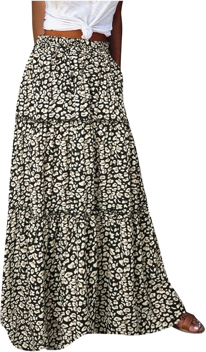 TANGNADE Long Flowy Beach Skirts for Women Summer High Waisted Casual Maxi Skirt Swing Floral Print Pleated Skirts