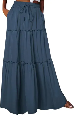 TANGNADE Womens Skirts Summer Casual Flowy High Waisted Tiered Maxi Skirt Spring Trendy Beach Ladies Skirts Long Length