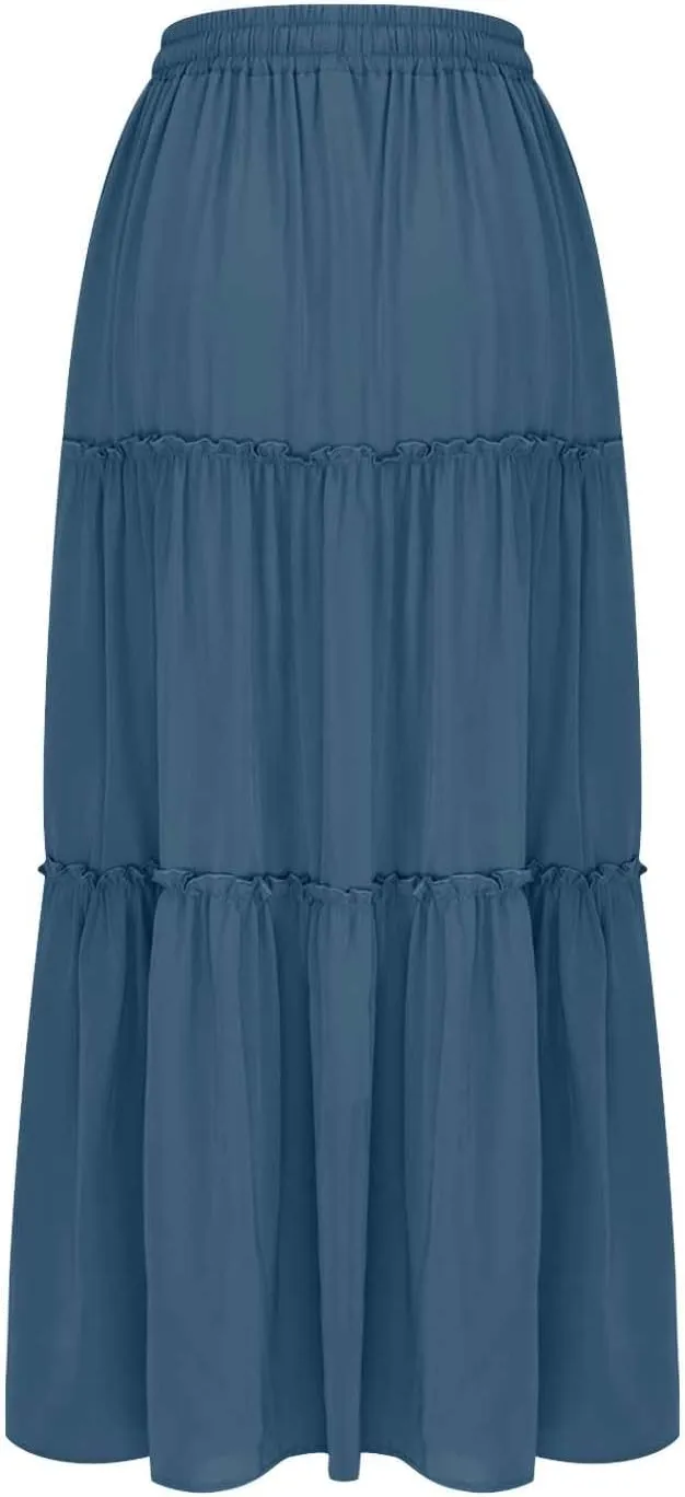 TANGNADE Womens Skirts Summer Casual Flowy High Waisted Tiered Maxi Skirt Spring Trendy Beach Ladies Skirts Long Length