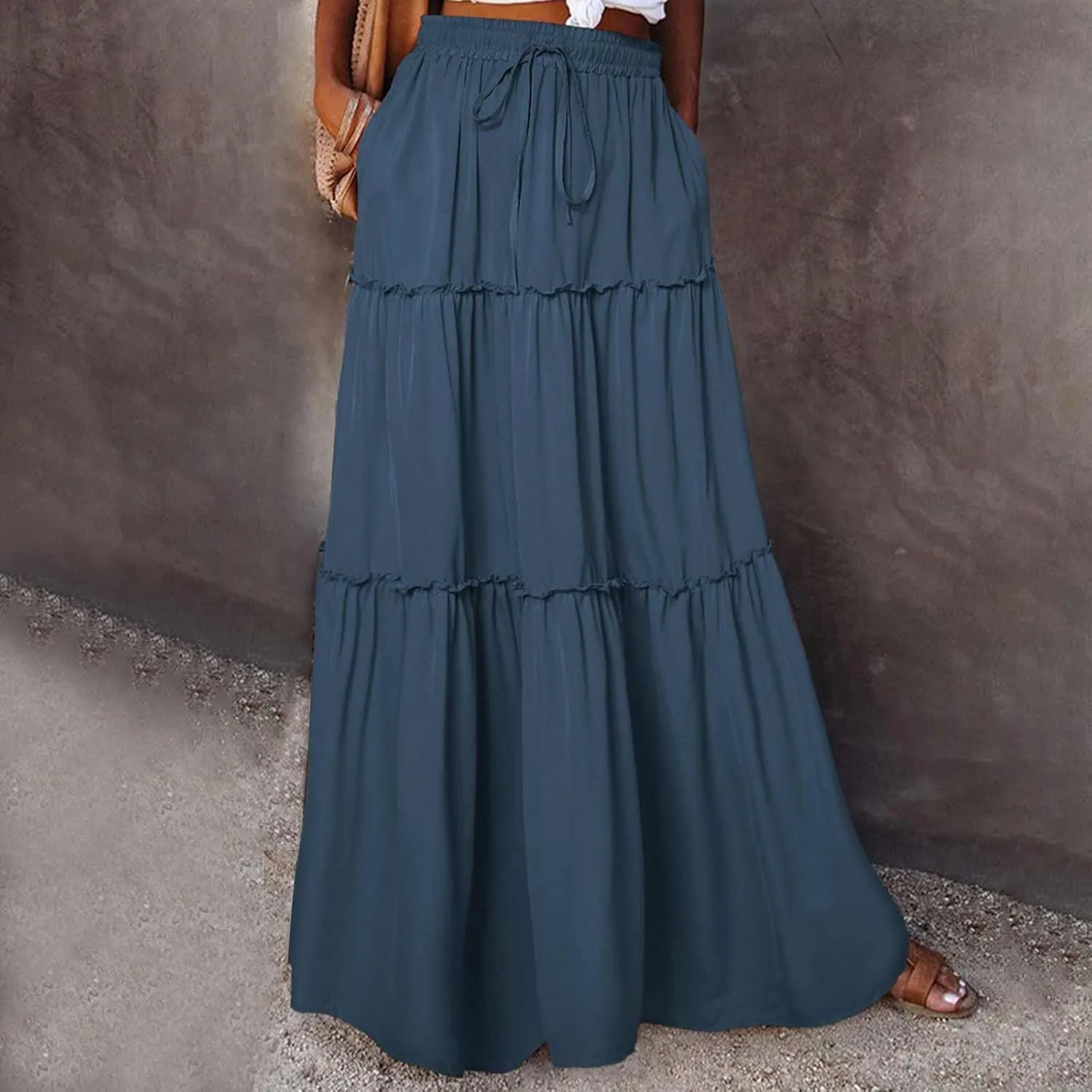 TANGNADE Womens Skirts Summer Casual Flowy High Waisted Tiered Maxi Skirt Spring Trendy Beach Ladies Skirts Long Length