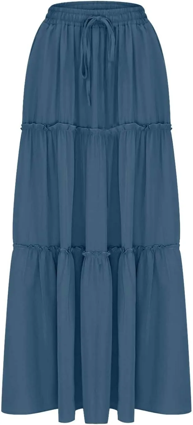 TANGNADE Womens Skirts Summer Casual Flowy High Waisted Tiered Maxi Skirt Spring Trendy Beach Ladies Skirts Long Length