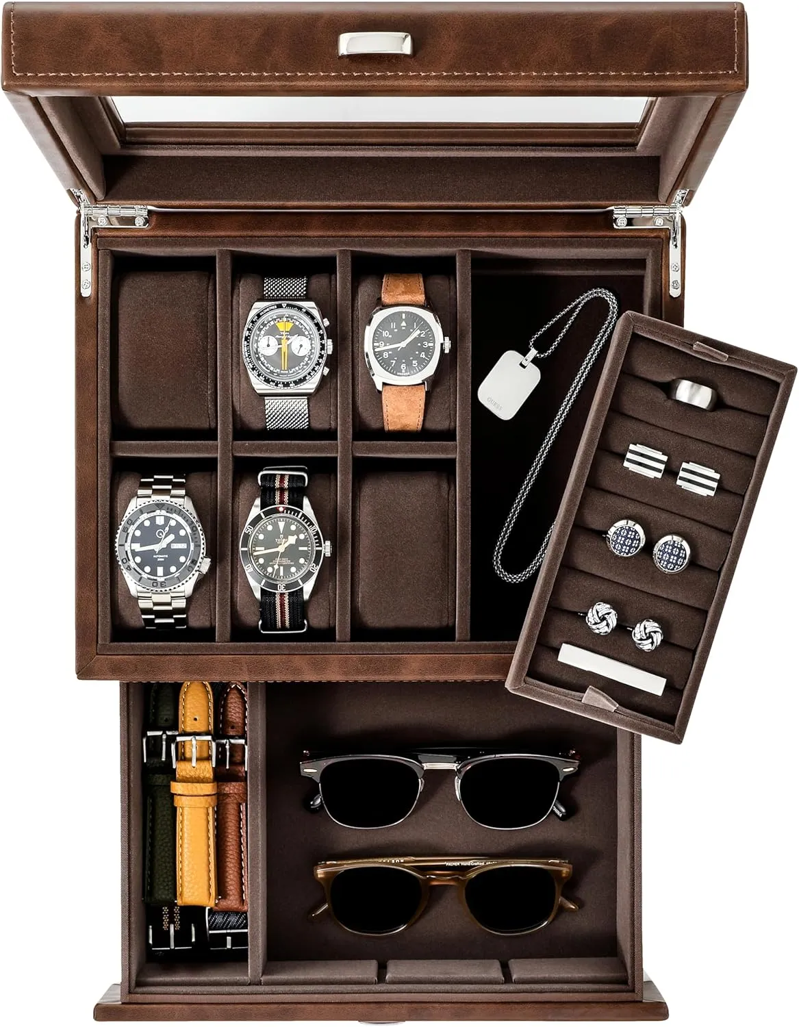 TAWBURY 6 Slot Watch Box for Men - Luxury Watch Jewelry Box for Men with Storage for Sunglasses, Cufflinks | Men's Jewelry Box with Watch Storage | Watch Display Case (Brown)