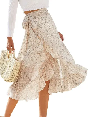ThCreasa Womens Boho Floral Print High Waisted Wrap Skirts Ruffle Hem Tie Knot Summer Chiffon Flowy Midi Skirts