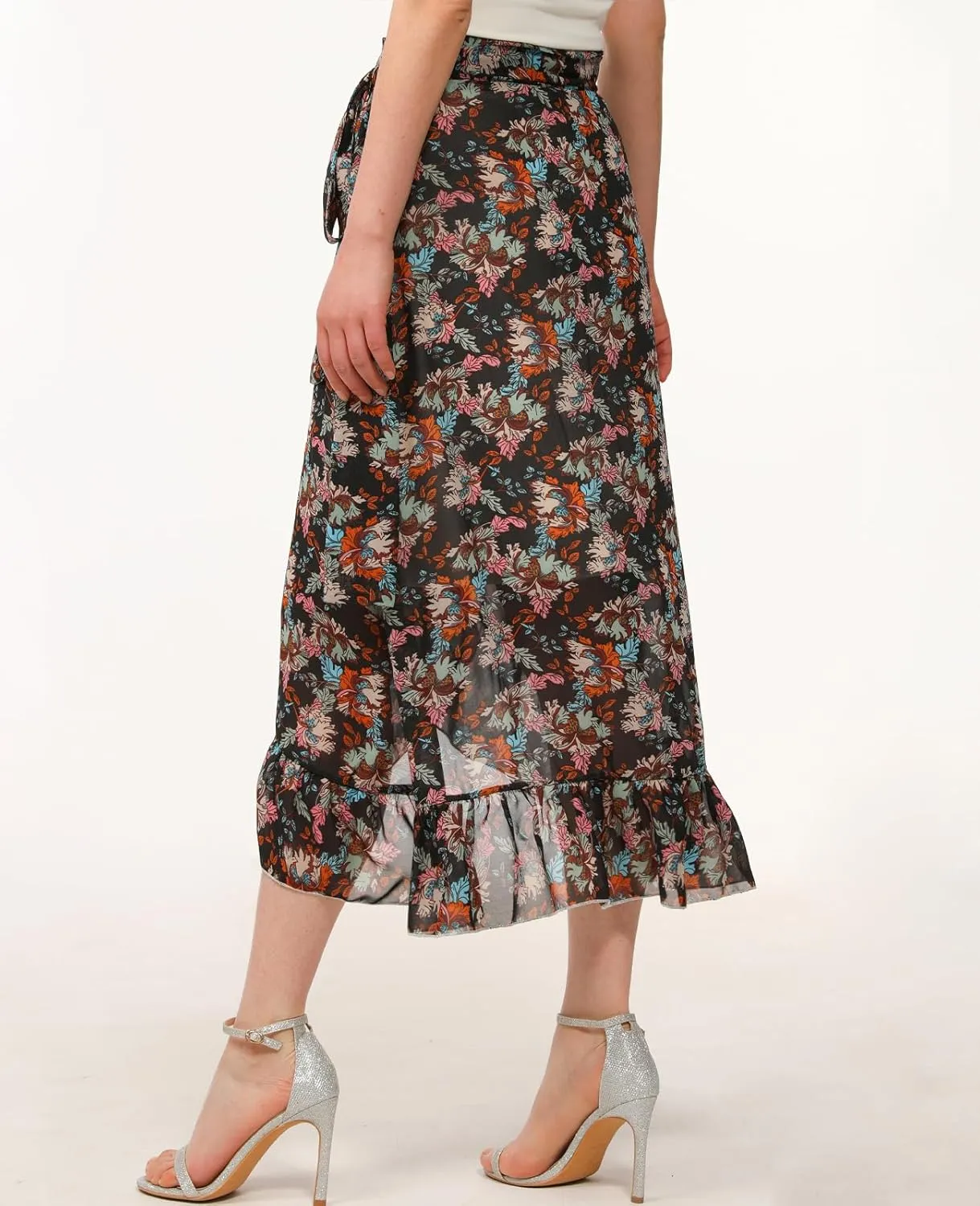 ThCreasa Womens Boho Floral Print High Waisted Wrap Skirts Ruffle Hem Tie Knot Summer Chiffon Flowy Midi Skirts