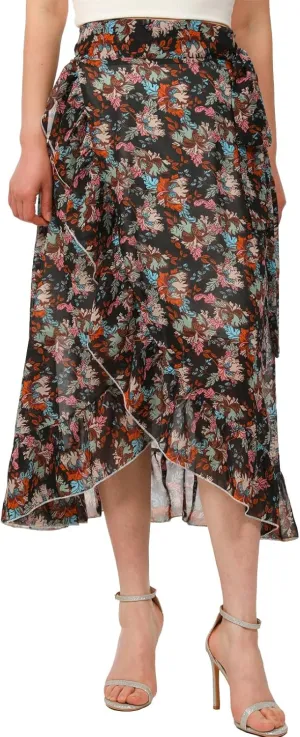 ThCreasa Womens Boho Floral Print High Waisted Wrap Skirts Ruffle Hem Tie Knot Summer Chiffon Flowy Midi Skirts