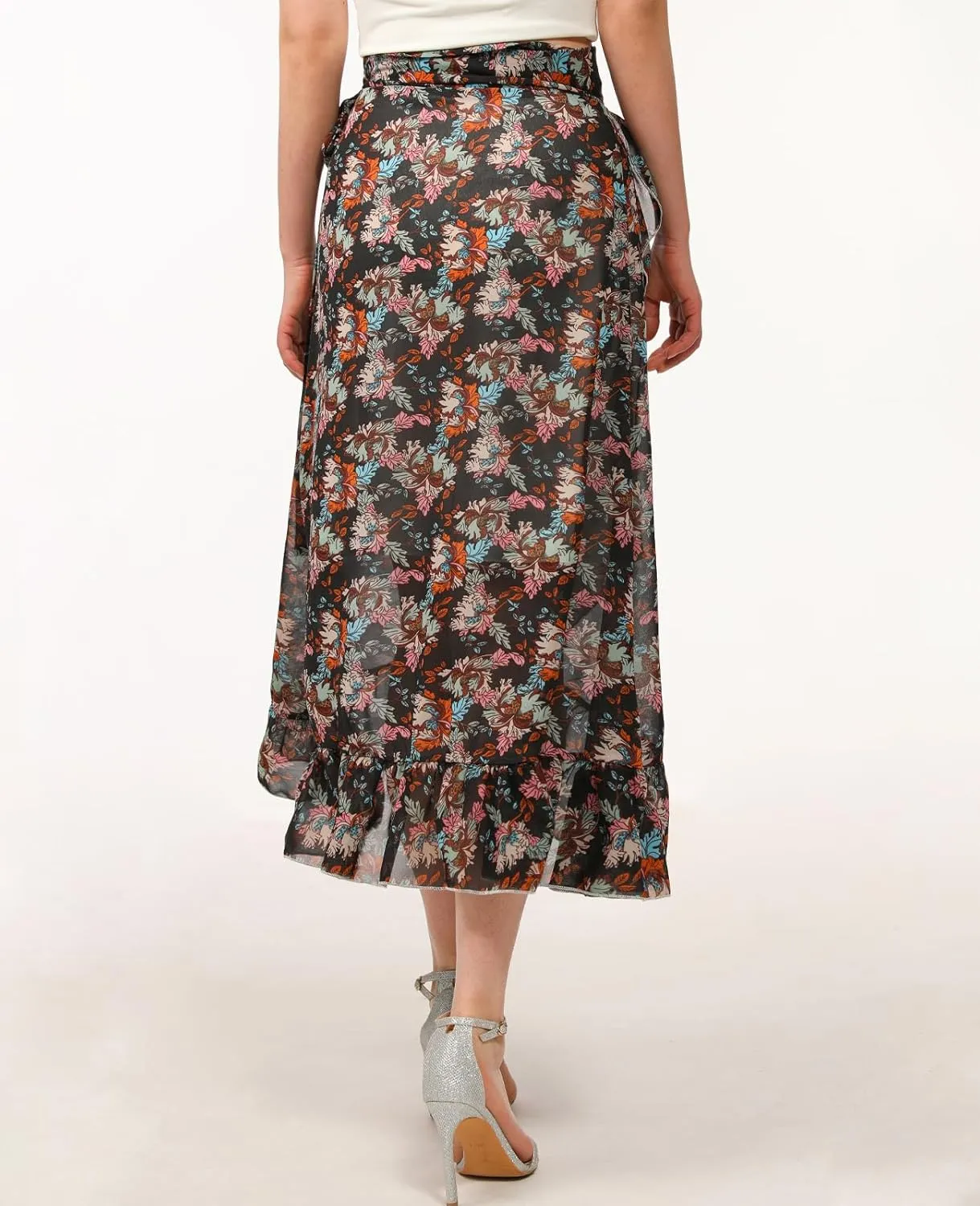 ThCreasa Womens Boho Floral Print High Waisted Wrap Skirts Ruffle Hem Tie Knot Summer Chiffon Flowy Midi Skirts
