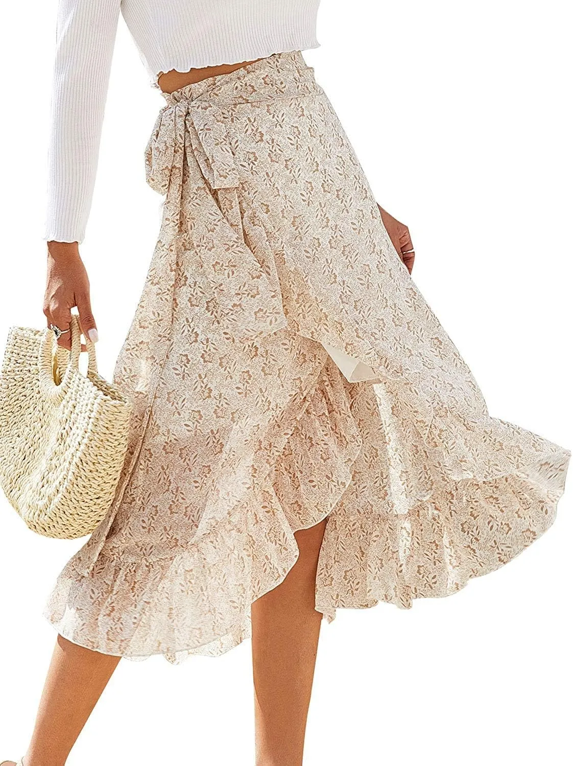 ThCreasa Womens Boho Floral Print High Waisted Wrap Skirts Ruffle Hem Tie Knot Summer Chiffon Flowy Midi Skirts