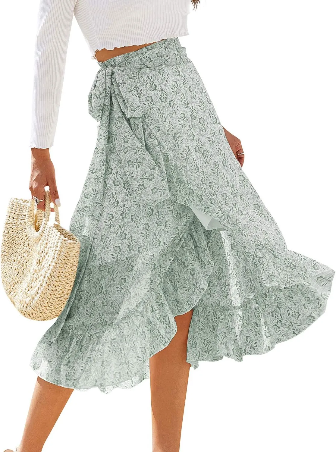 ThCreasa Womens Boho Floral Print High Waisted Wrap Skirts Ruffle Hem Tie Knot Summer Chiffon Flowy Midi Skirts