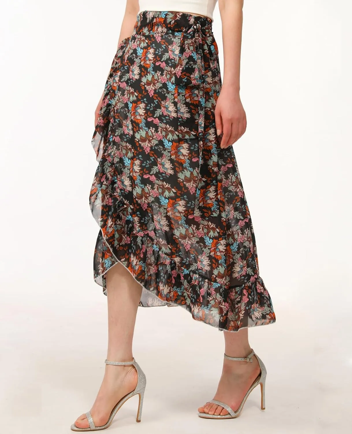 ThCreasa Womens Boho Floral Print High Waisted Wrap Skirts Ruffle Hem Tie Knot Summer Chiffon Flowy Midi Skirts