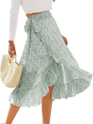 ThCreasa Womens Boho Floral Print High Waisted Wrap Skirts Ruffle Hem Tie Knot Summer Chiffon Flowy Midi Skirts