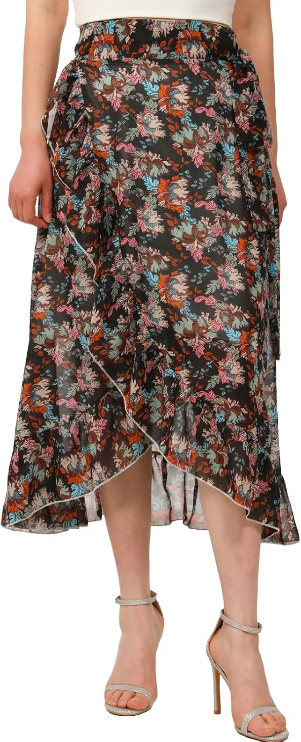ThCreasa Womens Boho Floral Print High Waisted Wrap Skirts Ruffle Hem Tie Knot Summer Chiffon Flowy Midi Skirts