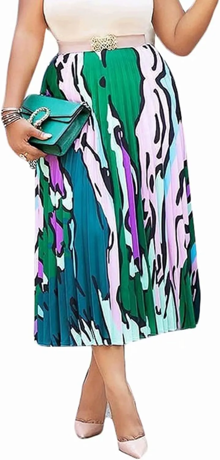 ThusFar Women's Graffiti Pleated Skirts Cartoon Printed Elastic Waist A-Line Swing Midi Skirt