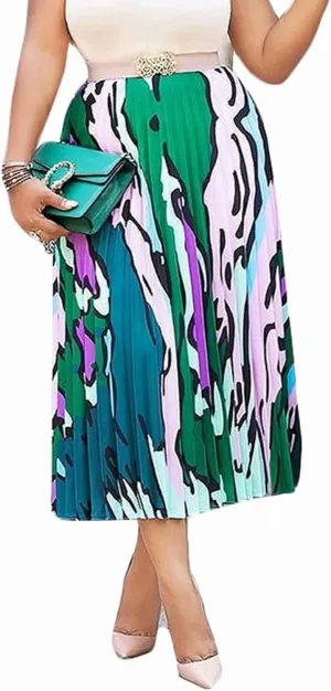 ThusFar Women's Graffiti Pleated Skirts Cartoon Printed Elastic Waist A-Line Swing Midi Skirt