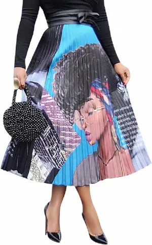 ThusFar Women's Graffiti Pleated Skirts Cartoon Printed Elastic Waist A-Line Swing Midi Skirt