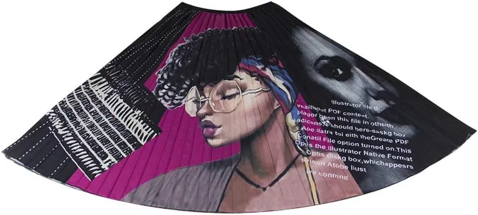 ThusFar Women's Graffiti Pleated Skirts Cartoon Printed Elastic Waist A-Line Swing Midi Skirt