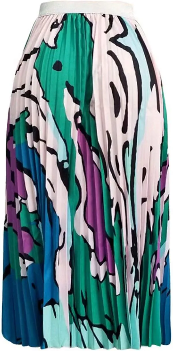 ThusFar Women's Graffiti Pleated Skirts Cartoon Printed Elastic Waist A-Line Swing Midi Skirt
