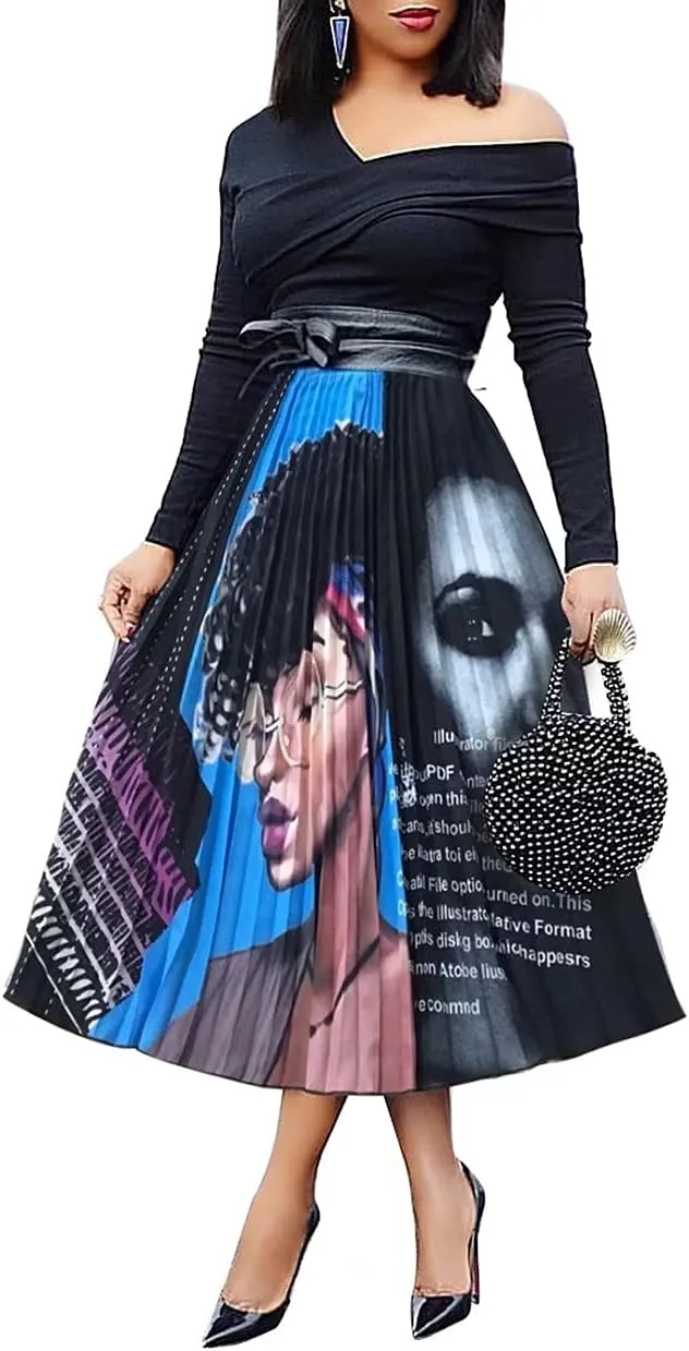 ThusFar Women's Graffiti Pleated Skirts Cartoon Printed Elastic Waist A-Line Swing Midi Skirt