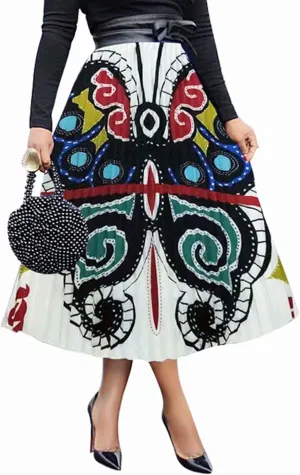 ThusFar Women's Graffiti Pleated Skirts Cartoon Printed Elastic Waist A-Line Swing Midi Skirt