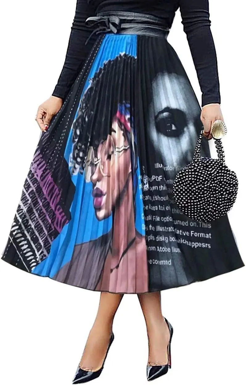 ThusFar Women's Graffiti Pleated Skirts Cartoon Printed Elastic Waist A-Line Swing Midi Skirt