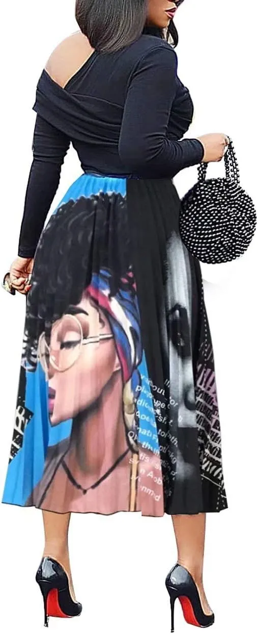 ThusFar Women's Graffiti Pleated Skirts Cartoon Printed Elastic Waist A-Line Swing Midi Skirt