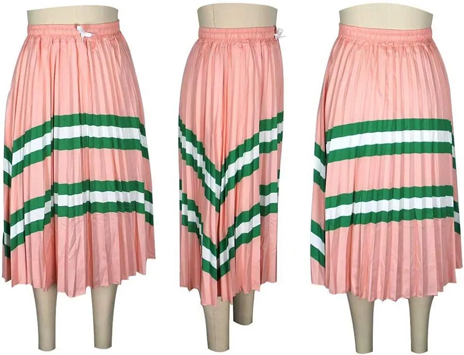ThusFar Women's Graffiti Pleated Skirts Cartoon Printed Elastic Waist A-Line Swing Midi Skirt