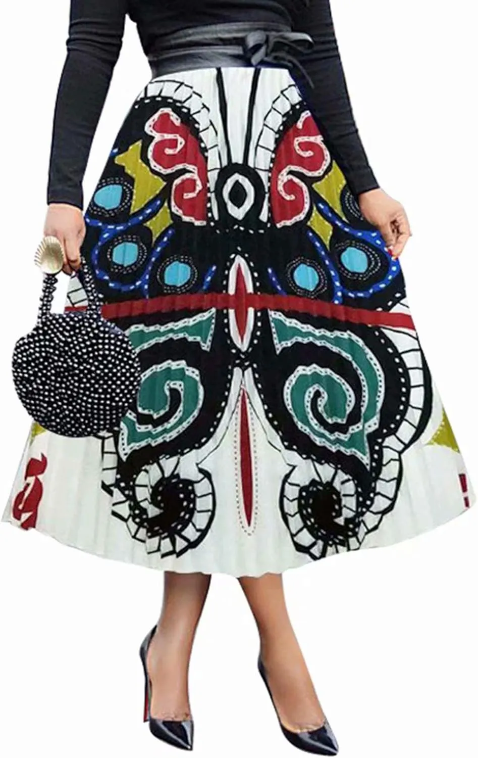 ThusFar Women's Graffiti Pleated Skirts Cartoon Printed Elastic Waist A-Line Swing Midi Skirt