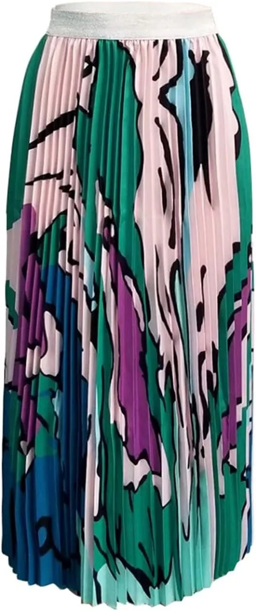 ThusFar Women's Graffiti Pleated Skirts Cartoon Printed Elastic Waist A-Line Swing Midi Skirt