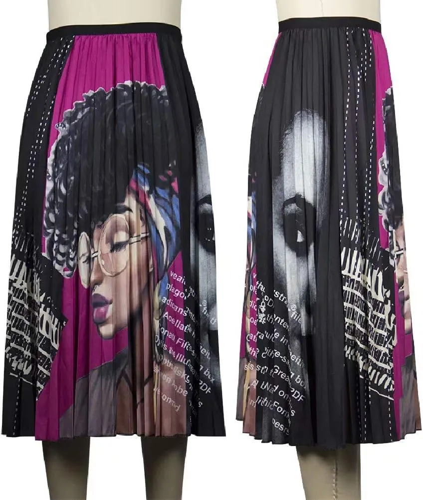 ThusFar Women's Graffiti Pleated Skirts Cartoon Printed Elastic Waist A-Line Swing Midi Skirt