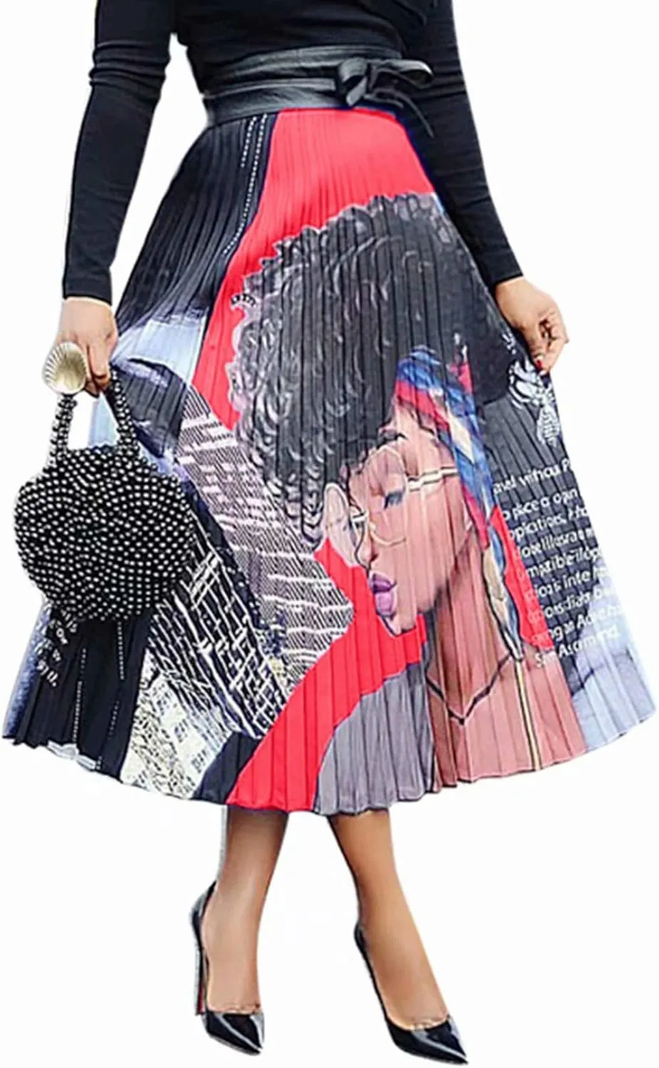 ThusFar Women's Graffiti Pleated Skirts Cartoon Printed Elastic Waist A-Line Swing Midi Skirt