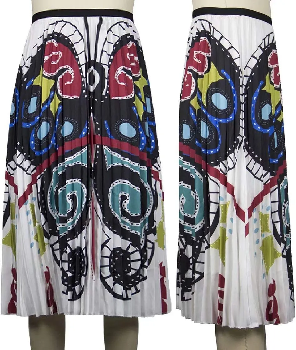 ThusFar Women's Graffiti Pleated Skirts Cartoon Printed Elastic Waist A-Line Swing Midi Skirt