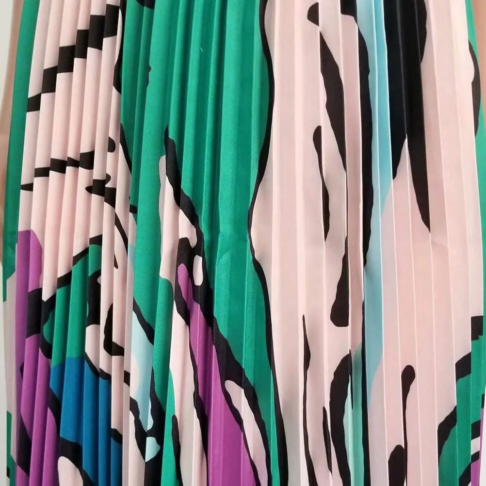 ThusFar Women's Graffiti Pleated Skirts Cartoon Printed Elastic Waist A-Line Swing Midi Skirt