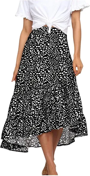 tuduoms Ditzy Floral Skirt Midi Boho Elastic High Waist Skirt A-line Long Vintage Skirts for Women High Low Pleated Skirt