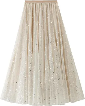 tuduoms Women's Long Tulle Tutu Skirt High Waist Pleated Layered Midi Skirt Sequin Flowy Maxi Skirt Dress for Wedding Party