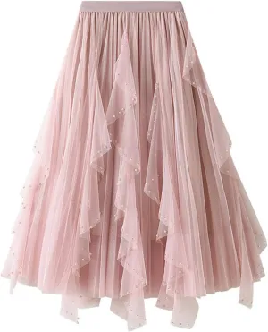 tuduoms Women's Long Tulle Tutu Skirt High Waist Pleated Layered Midi Skirt Sequin Flowy Maxi Skirt Dress for Wedding Party