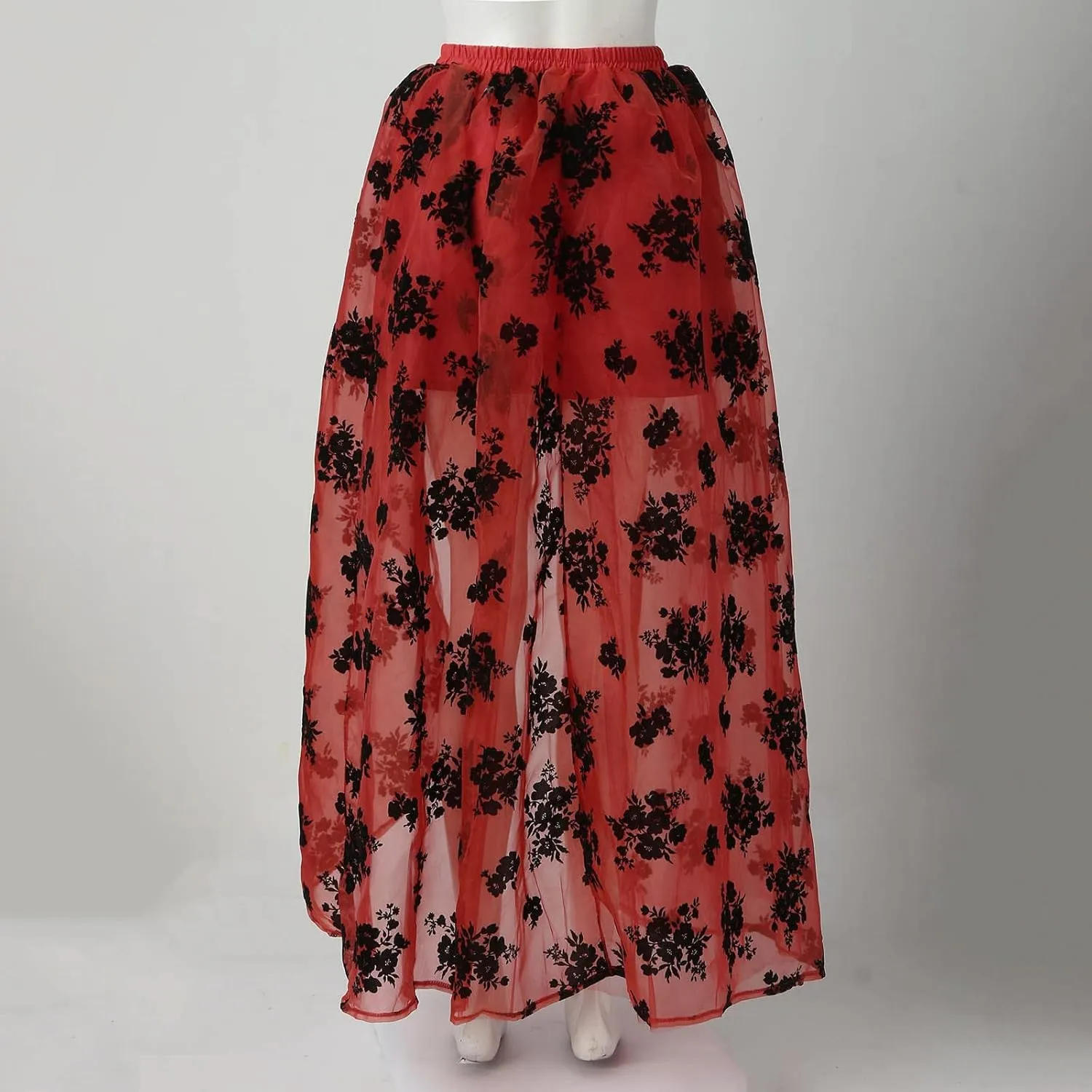 Tulle Skirts for Women Double-Layered Tutu Elastic Waist Floral Print Mesh High Low Asymmetrical A-Line Midi Skirt