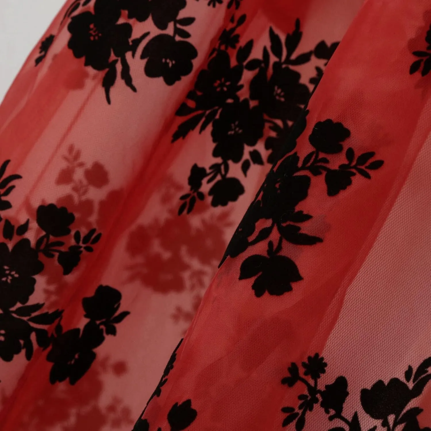 Tulle Skirts for Women Double-Layered Tutu Elastic Waist Floral Print Mesh High Low Asymmetrical A-Line Midi Skirt
